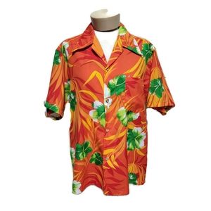 1960s GVH Hawaiian Print Men's Button Orange Green Shirt Size M,